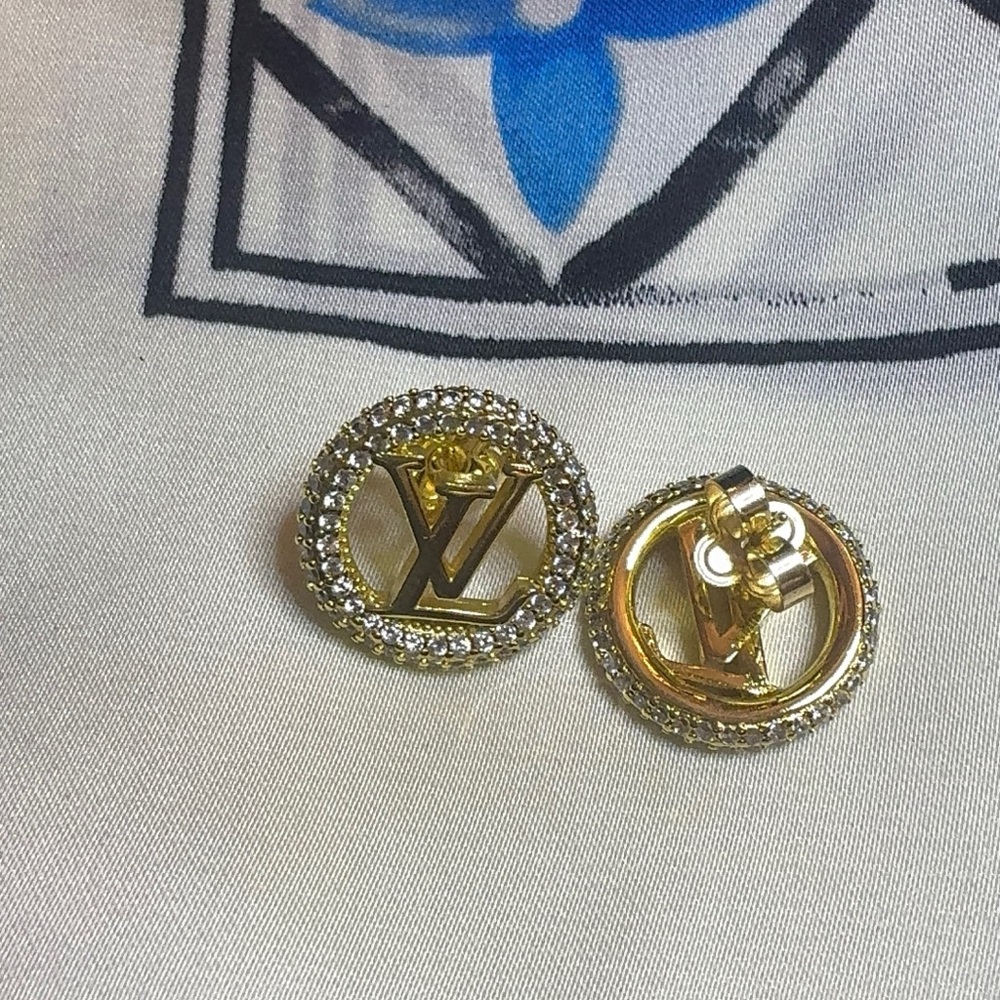 Louis Vuitton Gold Crystal Round LV Logo Stud Earrings - Picture 5 of 13